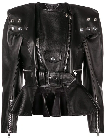 Alexander Mcqueen Cropped Leather Peplum Biker Jacket In 1000 Nero
