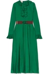 GUCCI Belted ruffle-trimmed pleated silk-twill dress