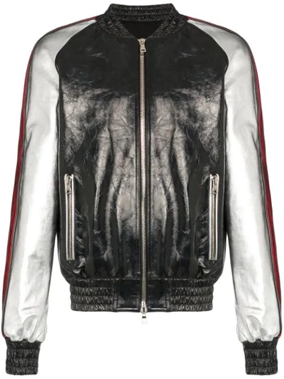 Balmain Contrast Sleeve Leather Bomber Jacket - 黑色 In L011 Black