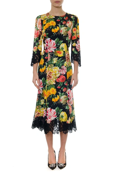 Dolce & Gabbana Floral-print Lace-trimmed Cady Midi Dress In Black