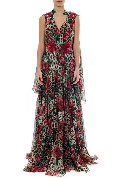 Dolce & Gabbana Rose-embellished Leopard-print Chiffon V-neck Gown In Basic