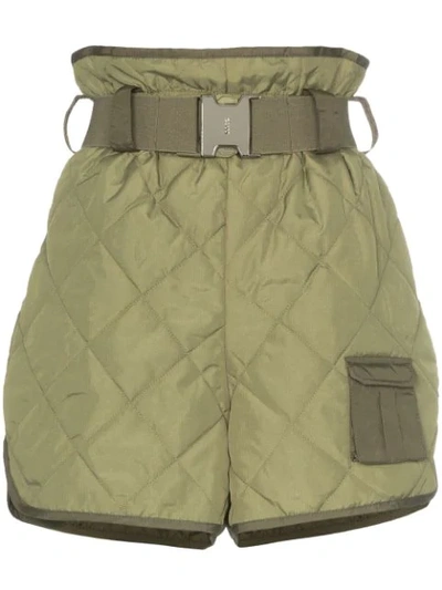 Ganni Belted Quilted Shell Shorts In Green