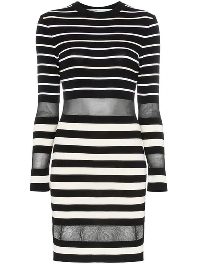 Off-white Long-sleeve Sheer Striped Bodycon Dress In Black/white