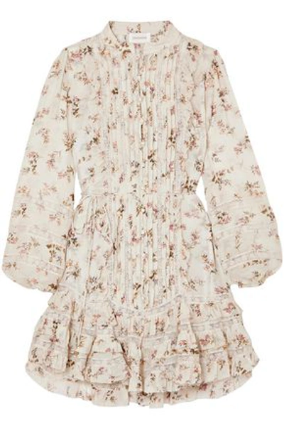 Zimmermann Woman Lace-trimmed Ruffled Printed Crepe De Chine Mini Dress Ivory