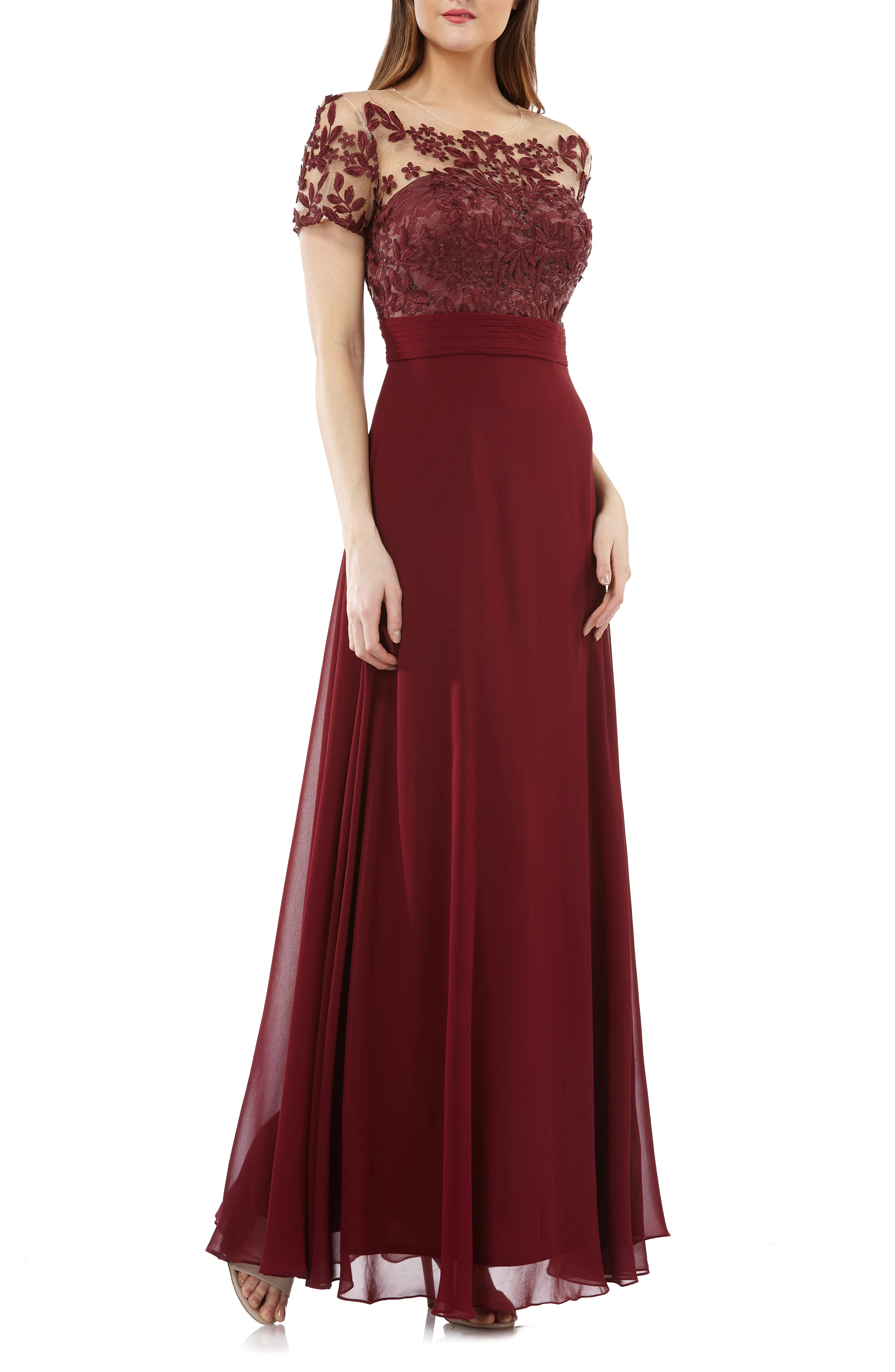 js collections embroidered illusion gown