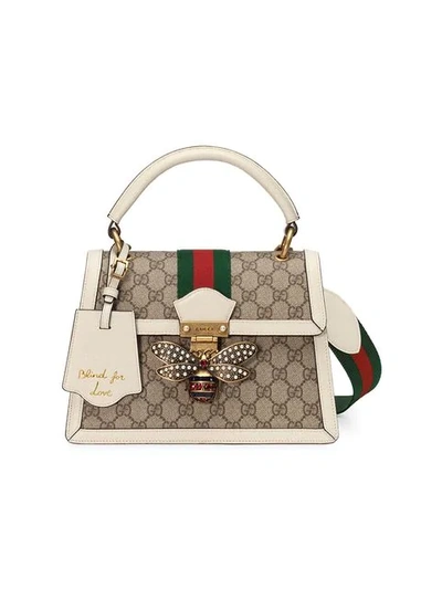 Gucci Queen Margaret 纹理皮革边饰印花涂层帆布手提包 In Beige