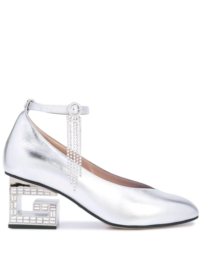 Gucci Metallic G Block Heel Pumps In Silver