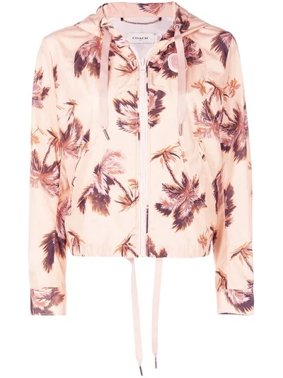 Coach Palm-tree Printed Zip-front Hooded Wind Jacket In Pink