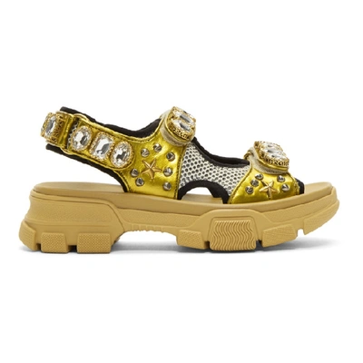 Gucci Crystal-embellished Leather And Mesh Sandals In Gold