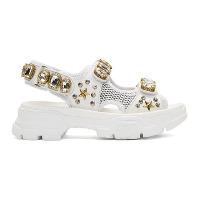 Gucci Embellished Leather And Mesh Sandals In White