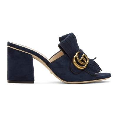 Gucci Navy Suede Gg Marmont Slide Heeled Sandals In Blue