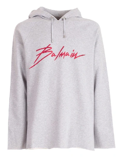 Balmain Logo Print Cotton Sweatshirt Hoodie In Aa Grey