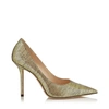 JIMMY CHOO LOVE 100 GOLD METALLIC LIZARD PRINT LEATHER POINT-TOE PUMPS,LOVE100MZT S