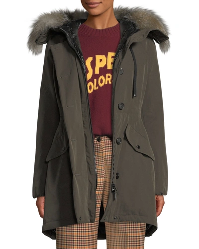 Moncler Monticole Long Parka Coat W/ Fur Trim At Hood In Stone