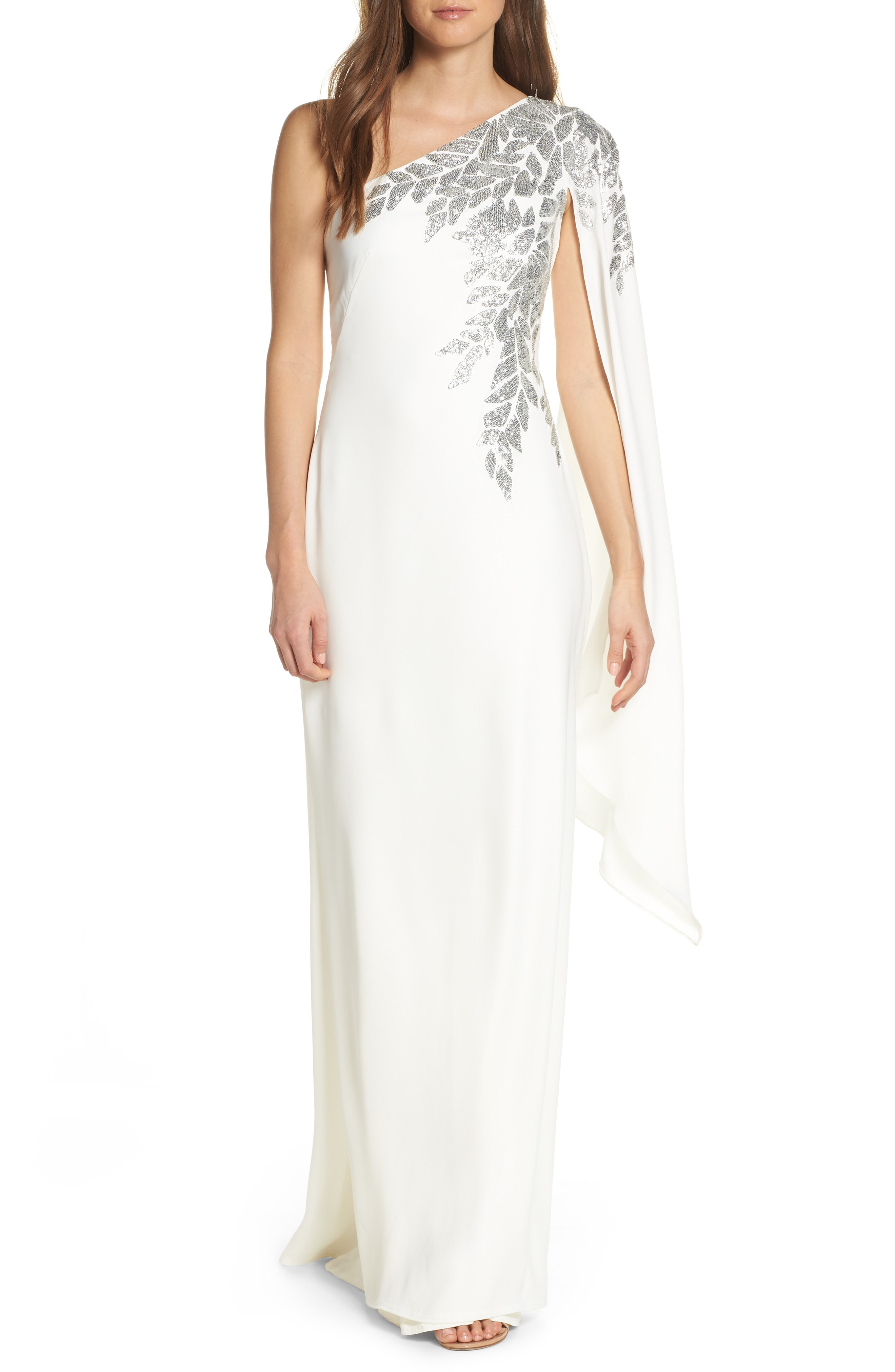 one shoulder crepe gown