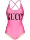 GUCCI GUCCI LOGO PRINT CROSS-OVER STRAP SWIMSUIT - PINK
