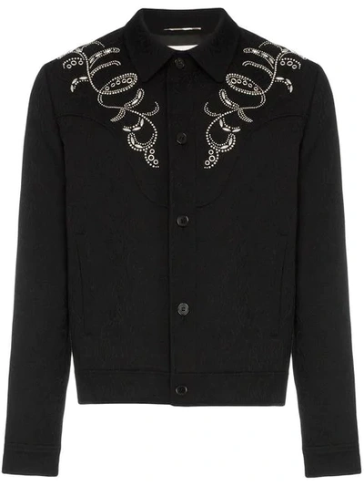 Saint Laurent Teddy Western Style Embroidered Jacquard Print Denim Jacket In Black