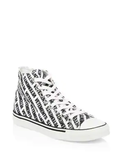 Vetements White And Black Canvas Logo High-top Sneakers In White Black