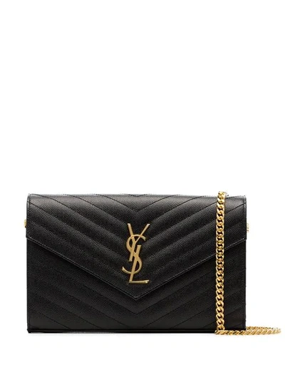 Saint Laurent Black Mini Logo Plaque Quilted Grain Leather Cross Body Bag - 黑色 In Black