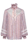 MARC JACOBS WOMAN LACE-PANELED EMBELLISHED PRINTED COTTON AND SILK-BLEND GAUZE TOP BABY PINK,GB 272216333531194