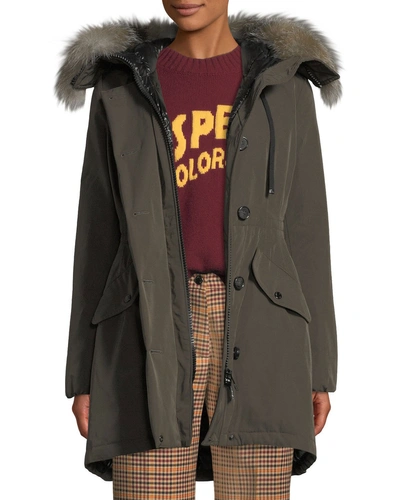 Moncler Monticole Long Parka Coat W/ Fur Trim At Hood In Black