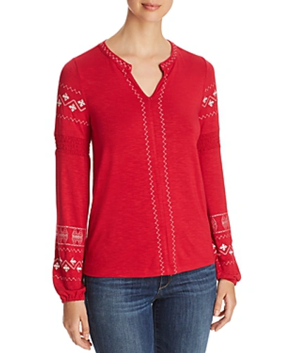 Neiman Marcus Embroidered Slub-knit Top In Riot Red