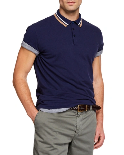 Brunello Cucinelli Men's Double Stripe Short-sleeve Polo Shirt In Blue