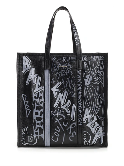 Balenciaga Men's Bazar Medium Graffiti Leather Shopper Tote Bag In Black