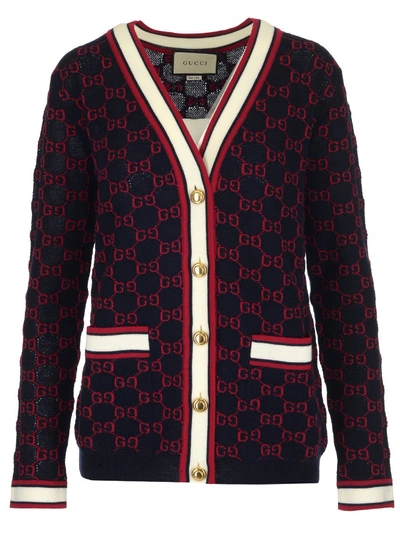 Gucci Gestrickter Cardigan Mit Gg In Blue,red