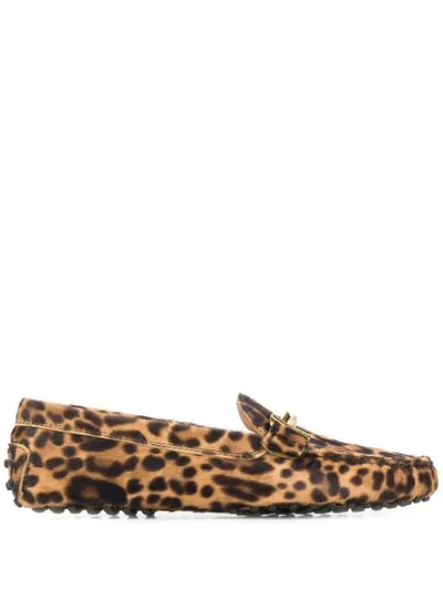 Tod's T-bar Leopard Loafers In Brown