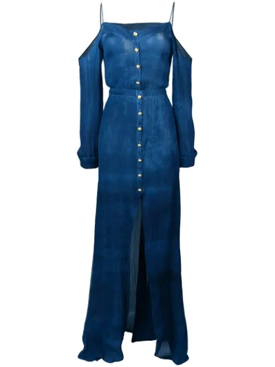 Balmain Cold-shoulder Faded Silk-georgette Maxi Dress In Blue