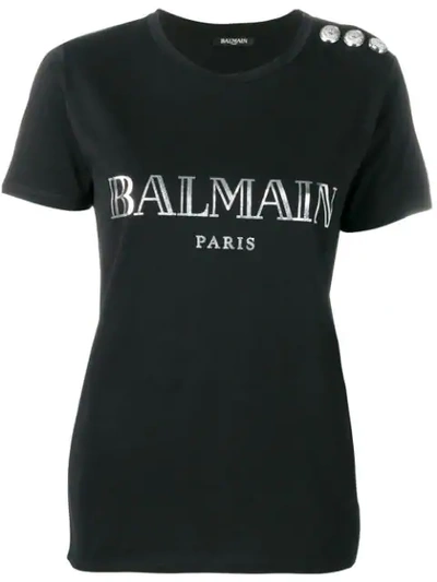 Balmain T-shirt S/s 3 Buttons On Shoulder Metallic Vintage Logo In Black
