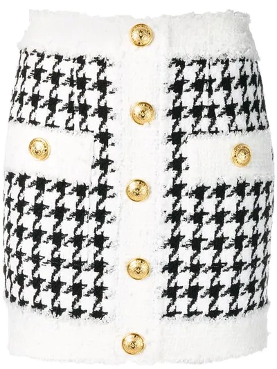 Balmain Button-embellished Houndstooth Tweed Mini Skirt In Black,white
