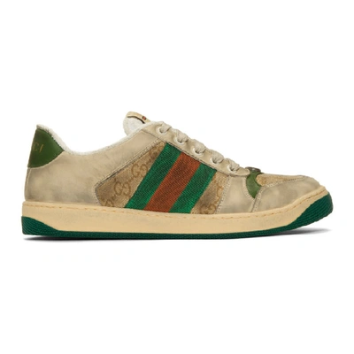 Gucci Screener Monogrammed Canvas And Webbing-trimmed Distressed Leather Sneakers In Multicolor