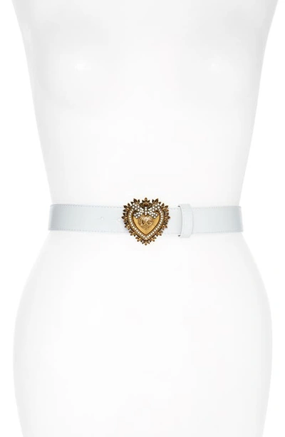 Dolce & Gabbana Devotion Logo Heart Buckle Leather Belt In White