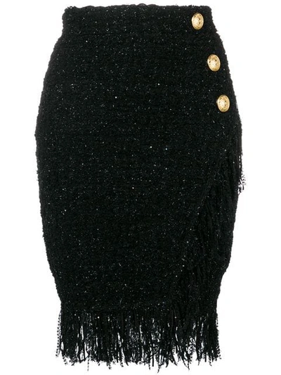 Balmain Wrap-effect Button-embellished Fringed Metallic Tweed Skirt In Black