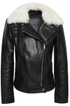 THEORY WOMAN WILMORE SHEARLING-TRIMMED LEATHER BIKER JACKET BLACK,GB 963761813092