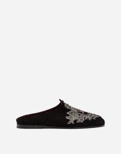 Dolce & Gabbana Suede Slippers With Embroidery In Black
