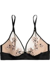 CALVIN KLEIN UNDERWEAR CALVIN KLEIN UNDERWEAR WOMAN CK BLACK TEMPT EMBROIDERED STRETCH-TULLE AND SATIN SOFT-CUP BRA BLACK,3074457345618306996