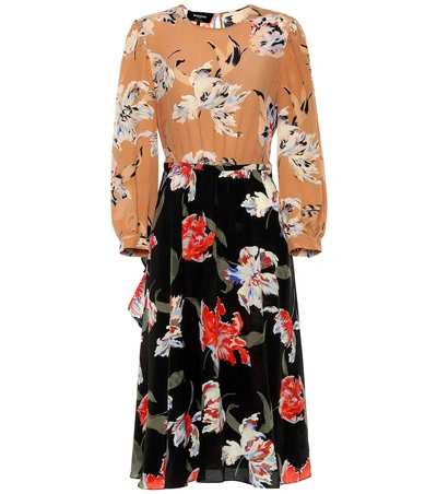 Rochas Floral-print Contrast-panel Silk Midi Dress In Beige