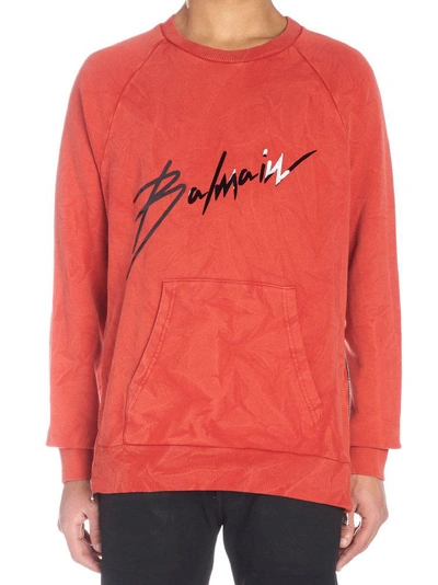 Balmain Men's Logo Graphic Crinkled Sweatshirt In Red