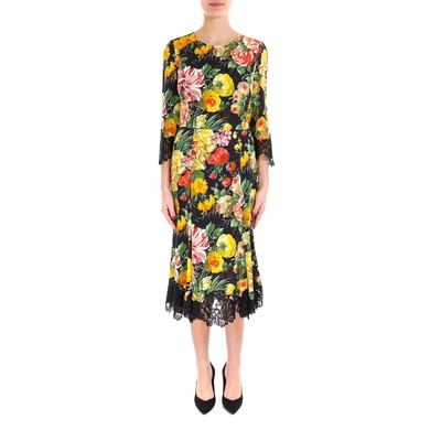 Dolce & Gabbana Floral-print Lace-trimmed Cady Midi Dress In Black