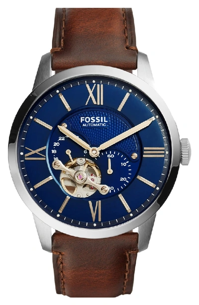 Fossil Men's Automatic Chronograph Townsman Brown Leather Strap Watch 44mm Me3110 In Blue / Brown / Gold Tone / Rose / Rose Gold Tone