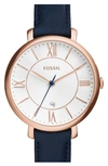 Fossil 'jacqueline' Round Leather Strap Watch, 36mm In Navy/ Rose Gold