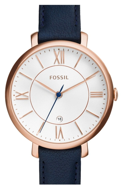 Fossil 'jacqueline' Round Leather Strap Watch, 36mm In Navy/ Rose Gold