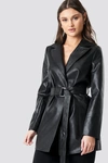 NA-KD PU Leather Belted Jacket Black