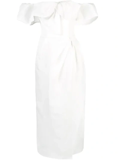 Carolina Herrera Bridal Harley Off-the-shoulder Bow-embellished Silk Midi Dress In White