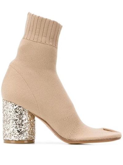 Maison Margiela Tabi Split-toe Glitter-heel Sock Ankle Boots In Beige