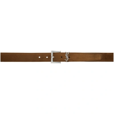 Saint Laurent Tan And Silver Suede Square Monogramme Belt In 2330 Land