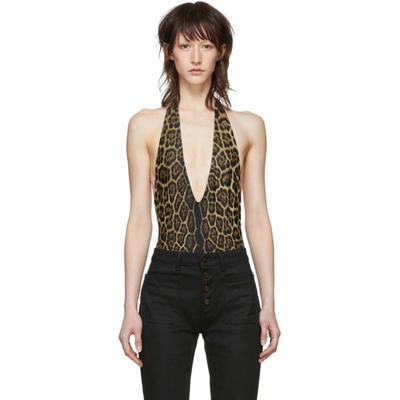 Saint Laurent Deep V Neck Leopard Print Bodysuit In Brown